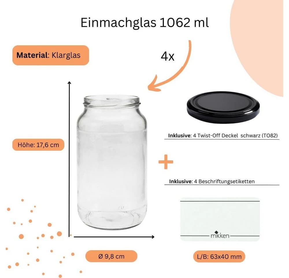 mikken Einmachglas-Set 4x 1062 ml mit Deckel und Etiketten - Bild 4