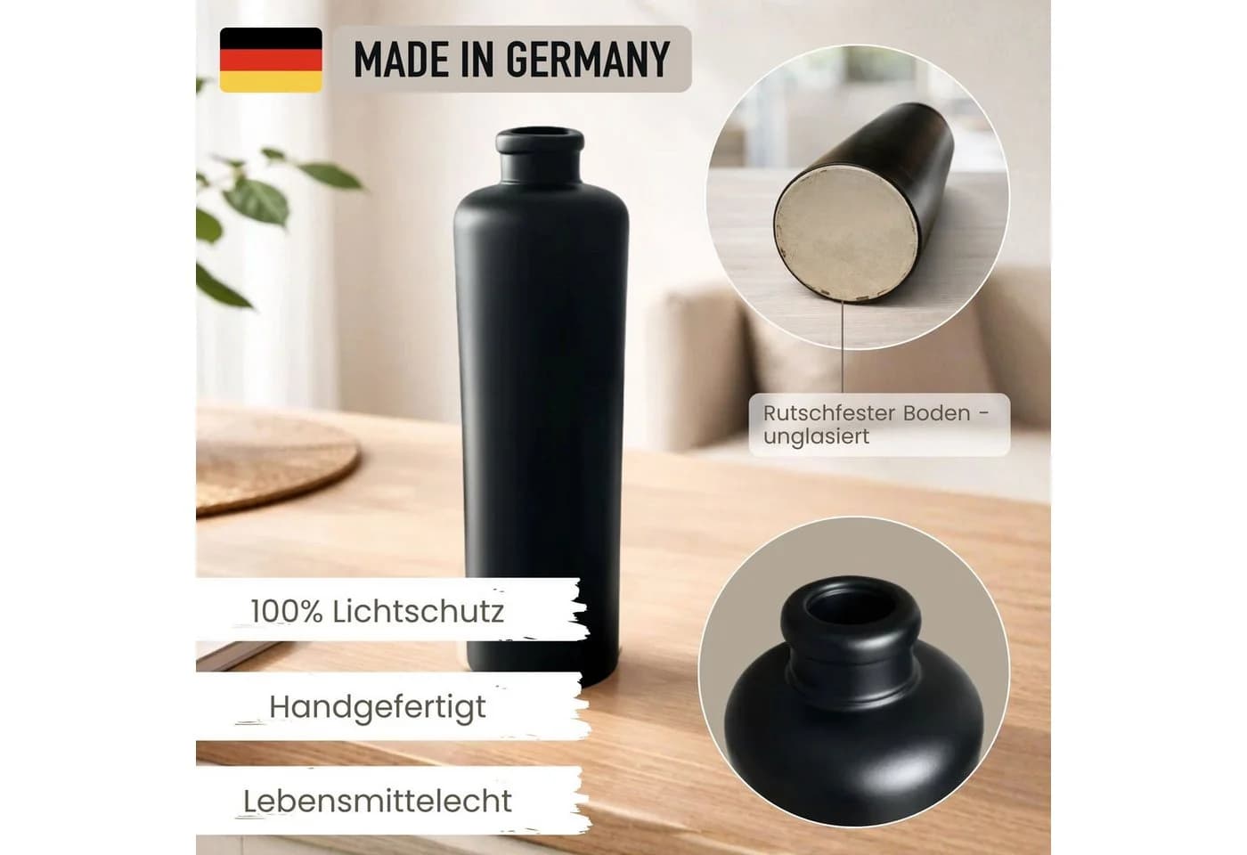 mikken Ölspender Keramikflasche 500 ml matt schwarz mit Edelstahl-Ausgießer