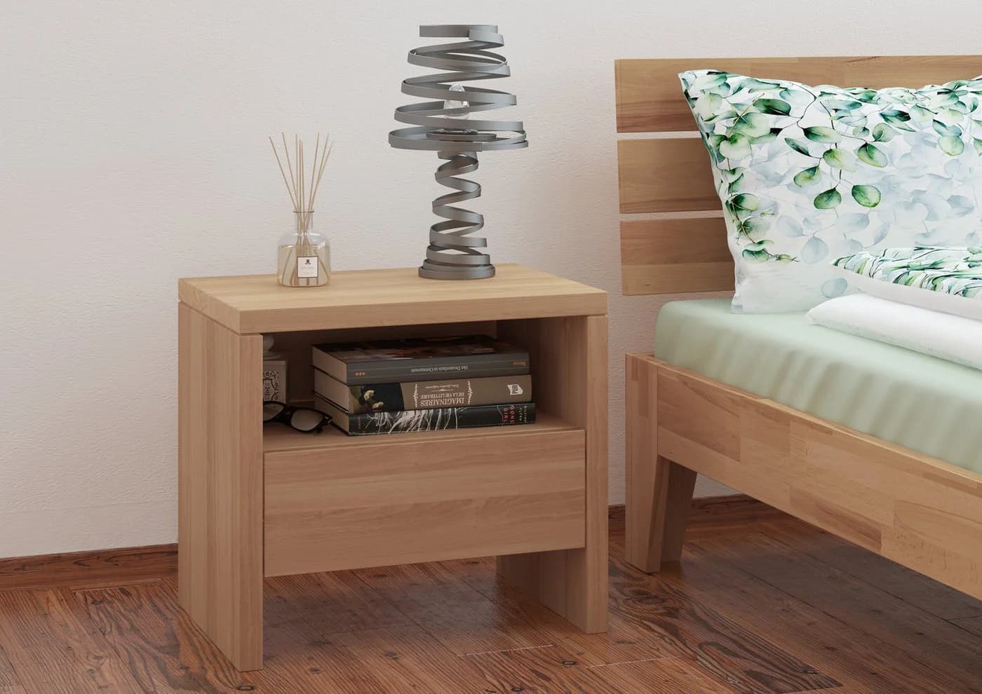 ERST-HOLZ Nachttisch Buche massiv mit Schublade farblos lackiert
