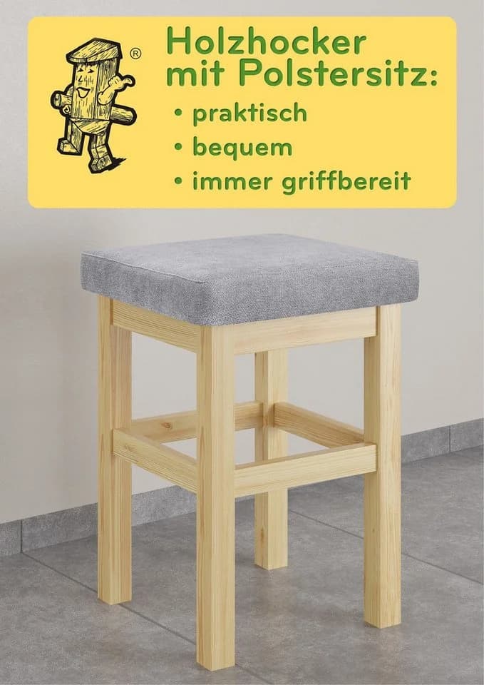 ERST-HOLZ Arbeitshocker mit hellgrauem Sitzpolster aus Kiefernholz - Bild 3
