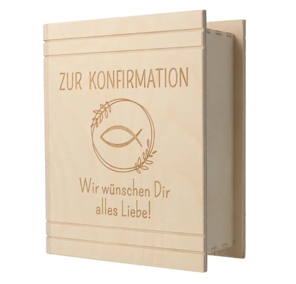 Spruchreif® Spardose Buch-Optik Fichtenholz Gravur Konfirmation Kommunion - Bild 2