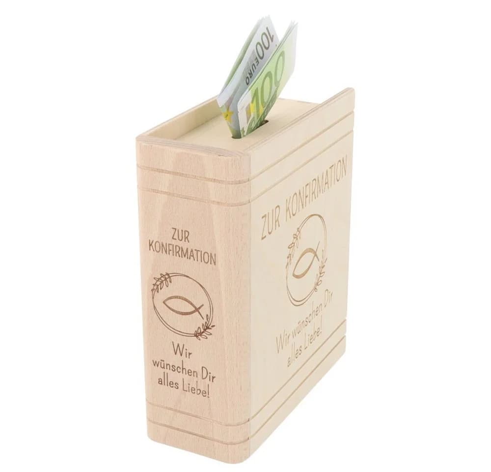 Spruchreif® Spardose Buch-Optik Fichtenholz Gravur Konfirmation Kommunion - Bild 3