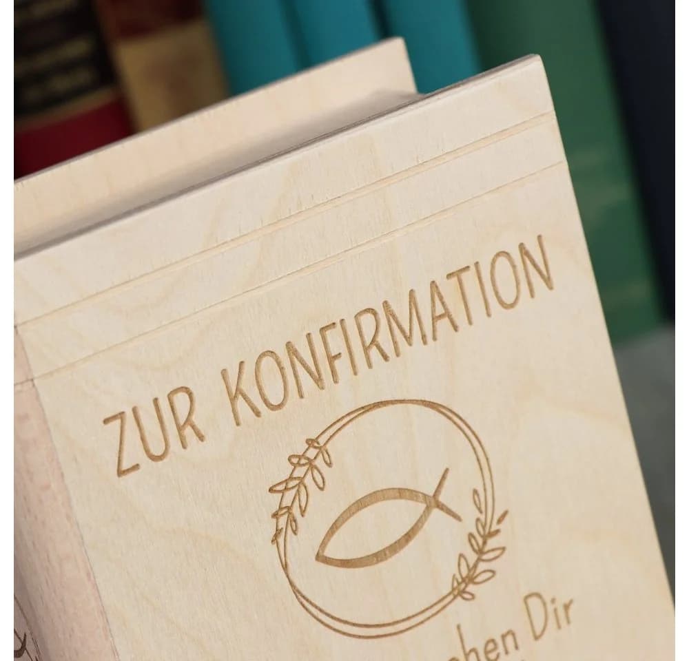 Spruchreif® Spardose Buch-Optik Fichtenholz Gravur Konfirmation Kommunion - Bild 4