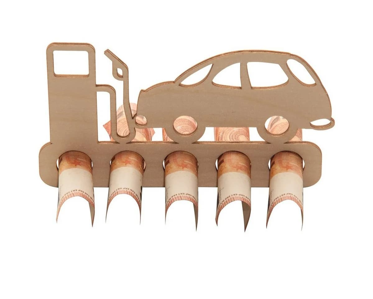 Spruchreif® Holz-Spardose Auto mit Zapfsäule - Geldgeschenk Führerschein - Bild 2