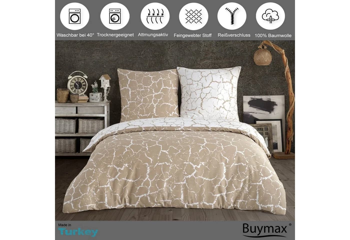 Buymax Bettwäsche Mercer 3-teilig Beige Weiß Marmor Renforce