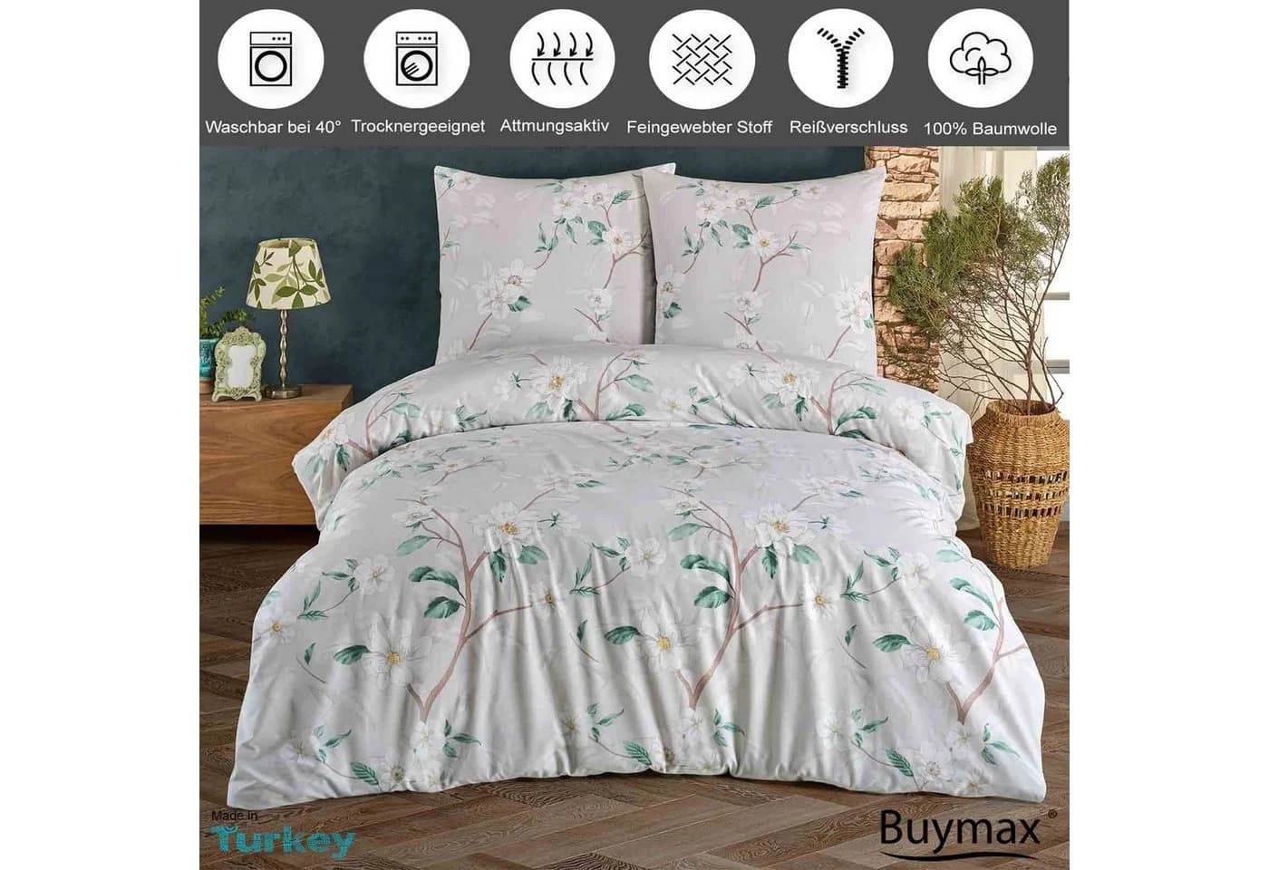 Buymax Bettwäsche Laris 2-tlg. 100% Baumwolle Renforcé Grau Grün Floral