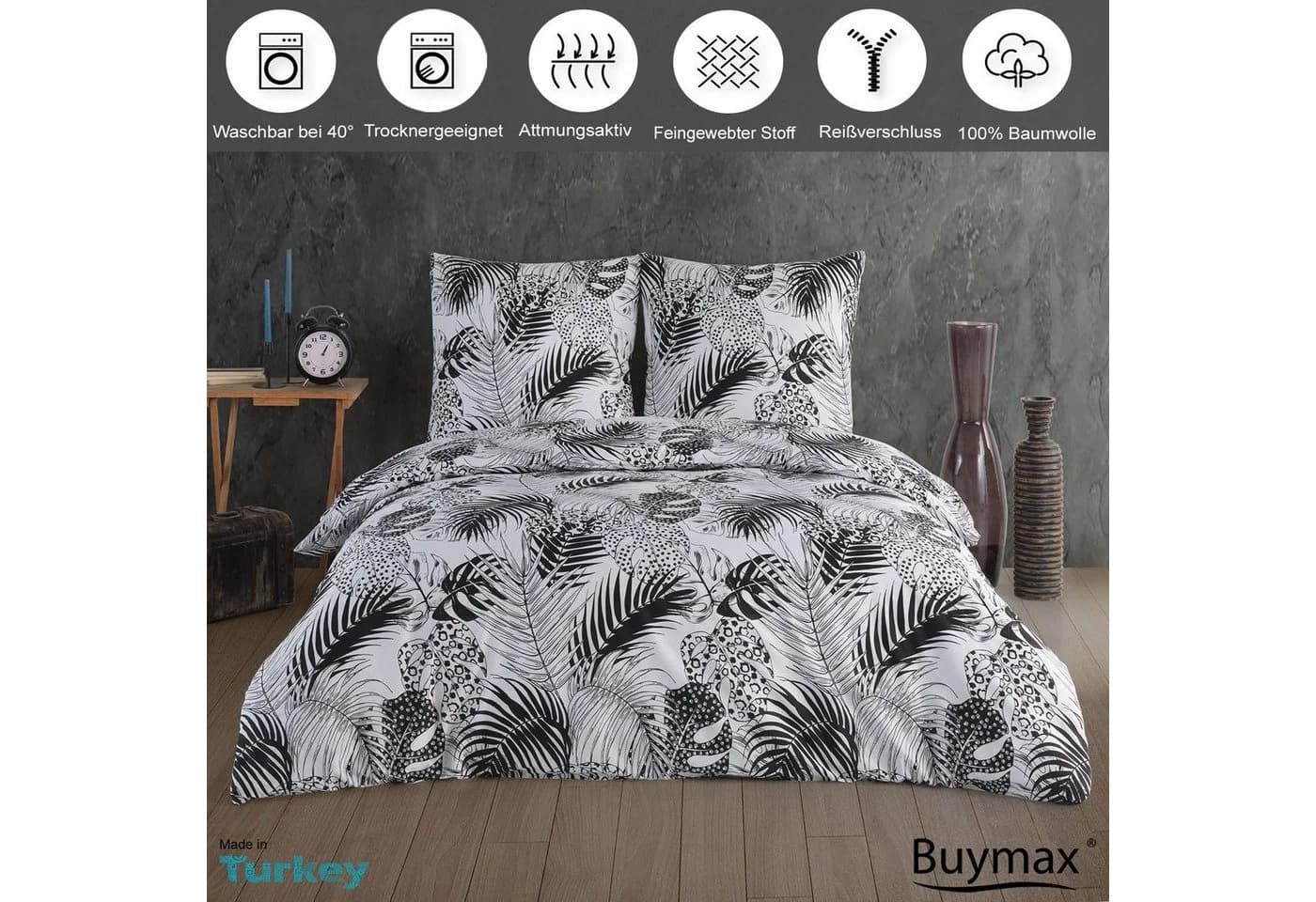 Buymax Bettwäsche-Set 3-tlg. 100% Baumwolle Renforcé Schwarz/Weiß Monstera