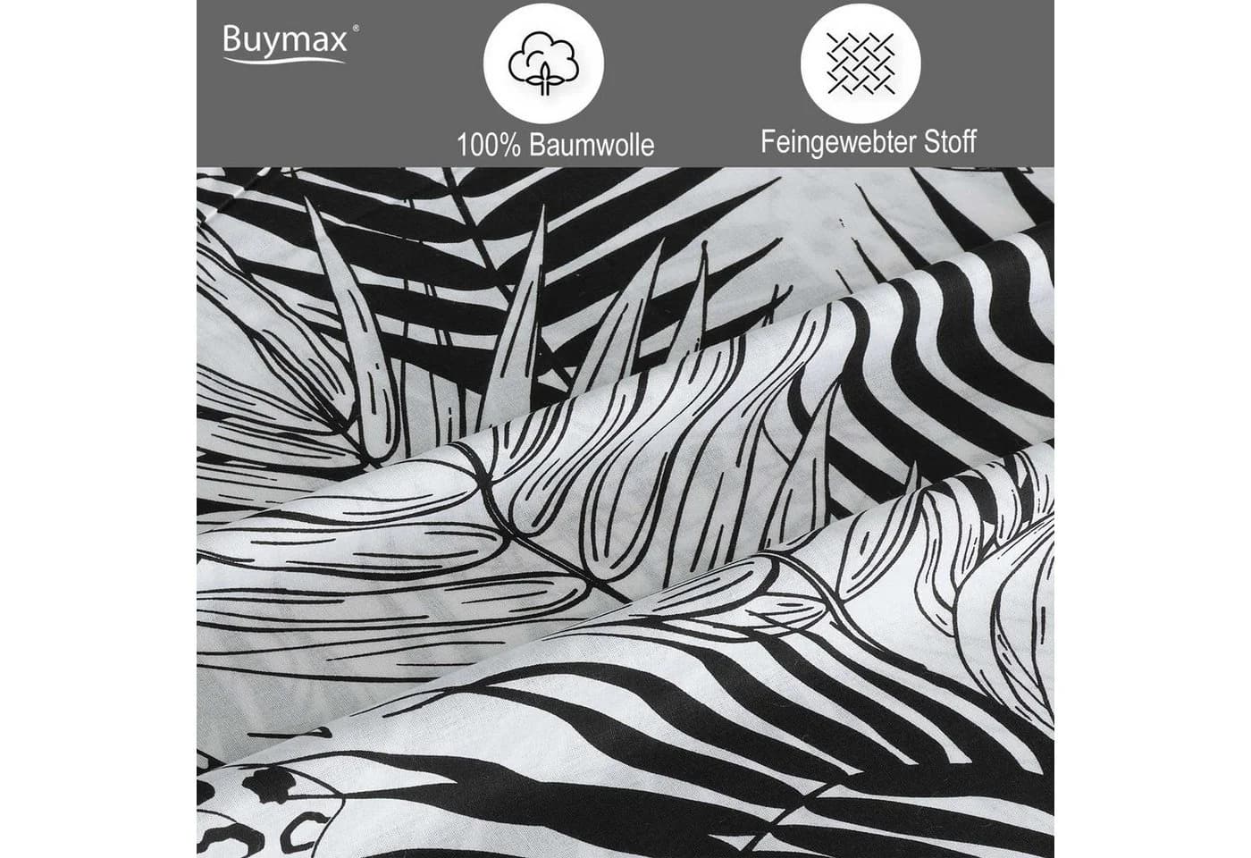 Buymax Bettwäsche-Set 3-tlg. 100% Baumwolle Renforcé Schwarz/Weiß Monstera - Bild 3