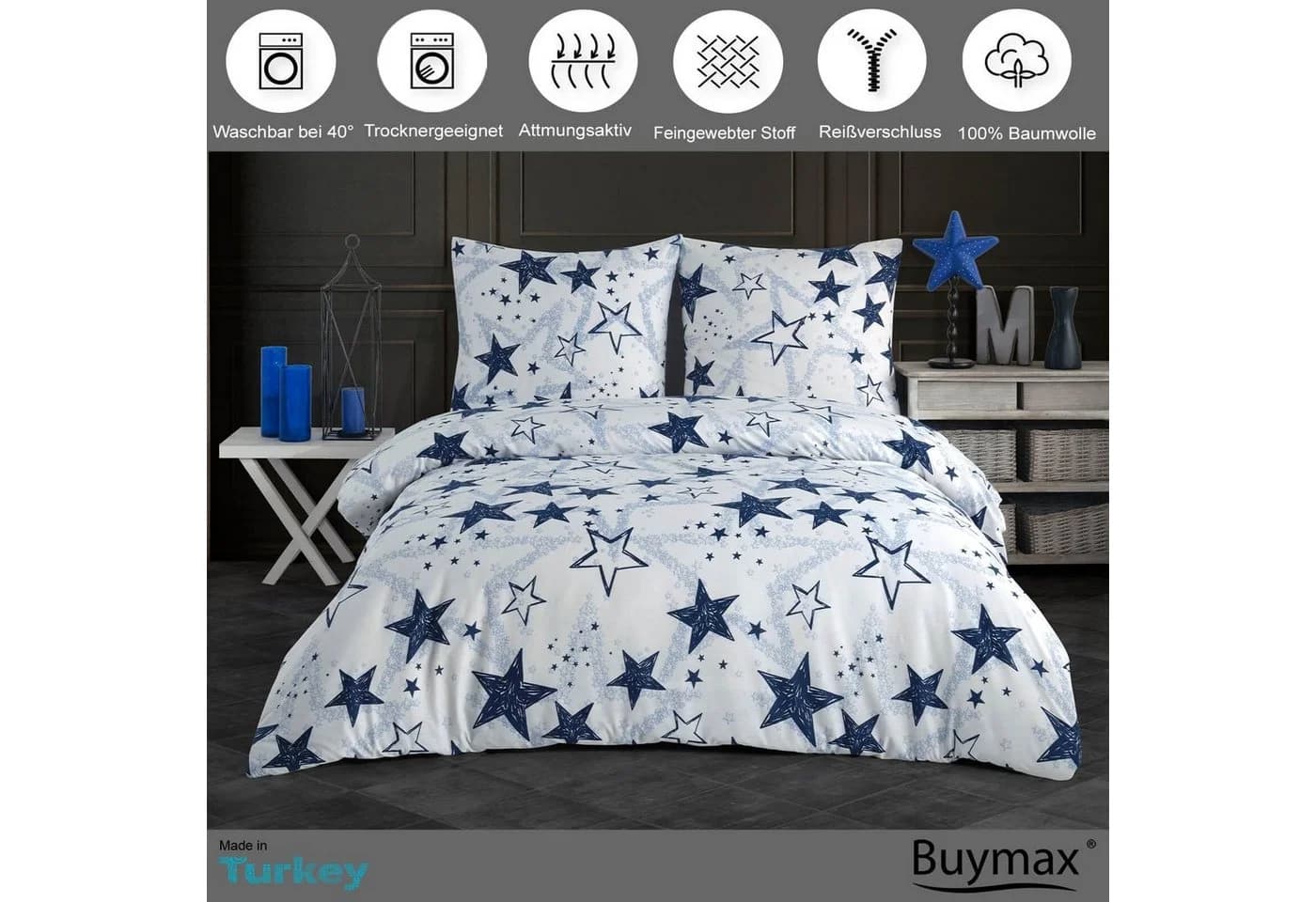 Buymax Bettwäsche Set 135x200cm Baumwolle Renforcé Sterne Weiß Blau