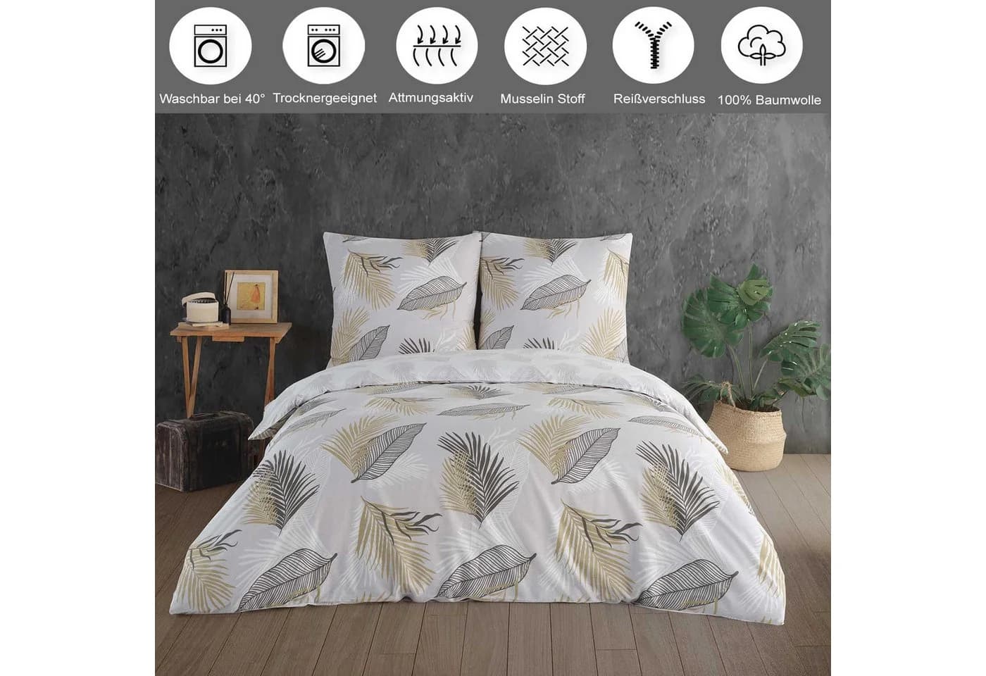 Buymax Bettwäsche Willow 2-teilig 100% Baumwolle Hellgrau-Beige-Braun