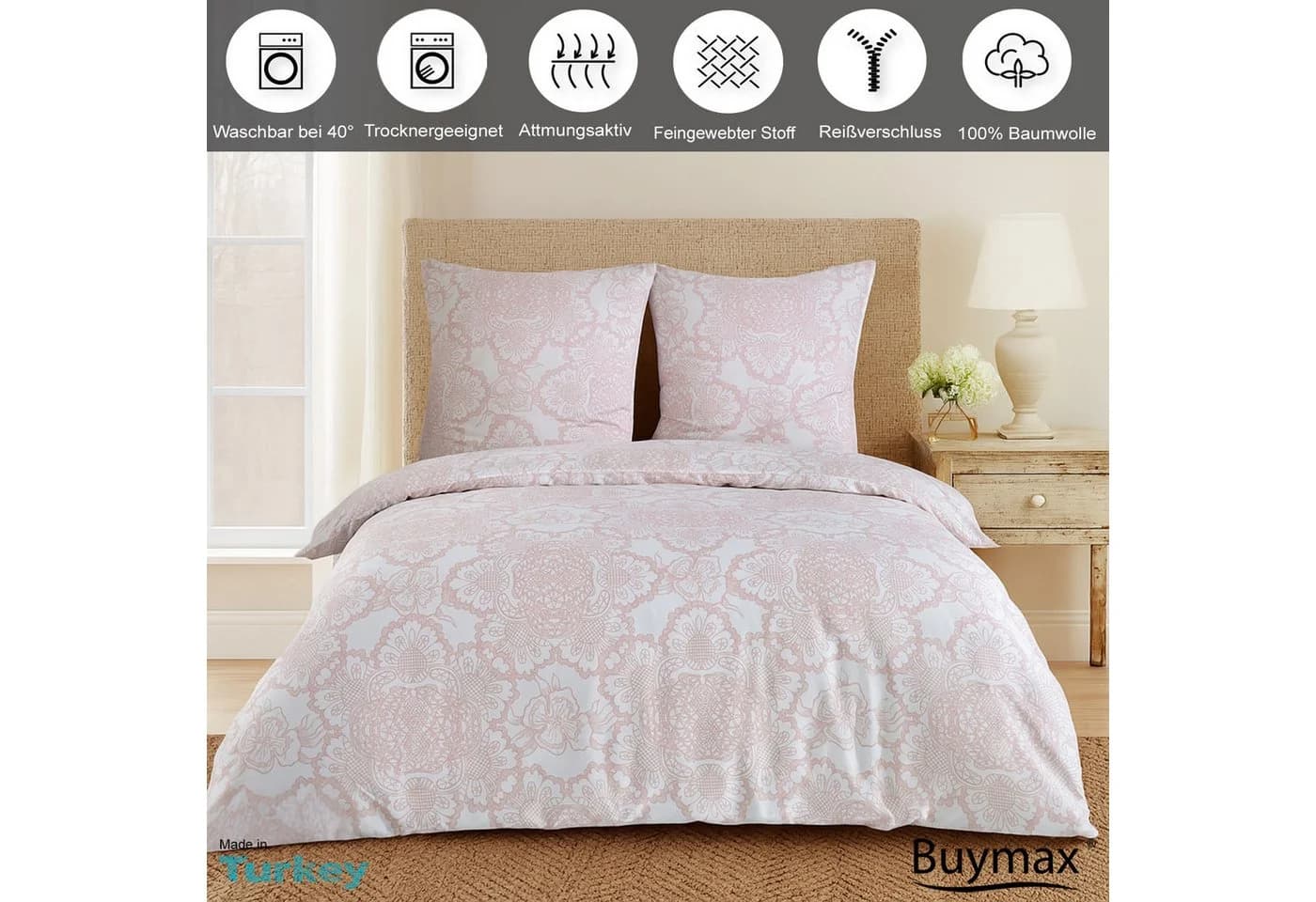 Buymax Bettwäsche Lisle Renforcé 2-teilig 155x220 cm 100% Baumwolle Reißverschluss Altrosa Weiß