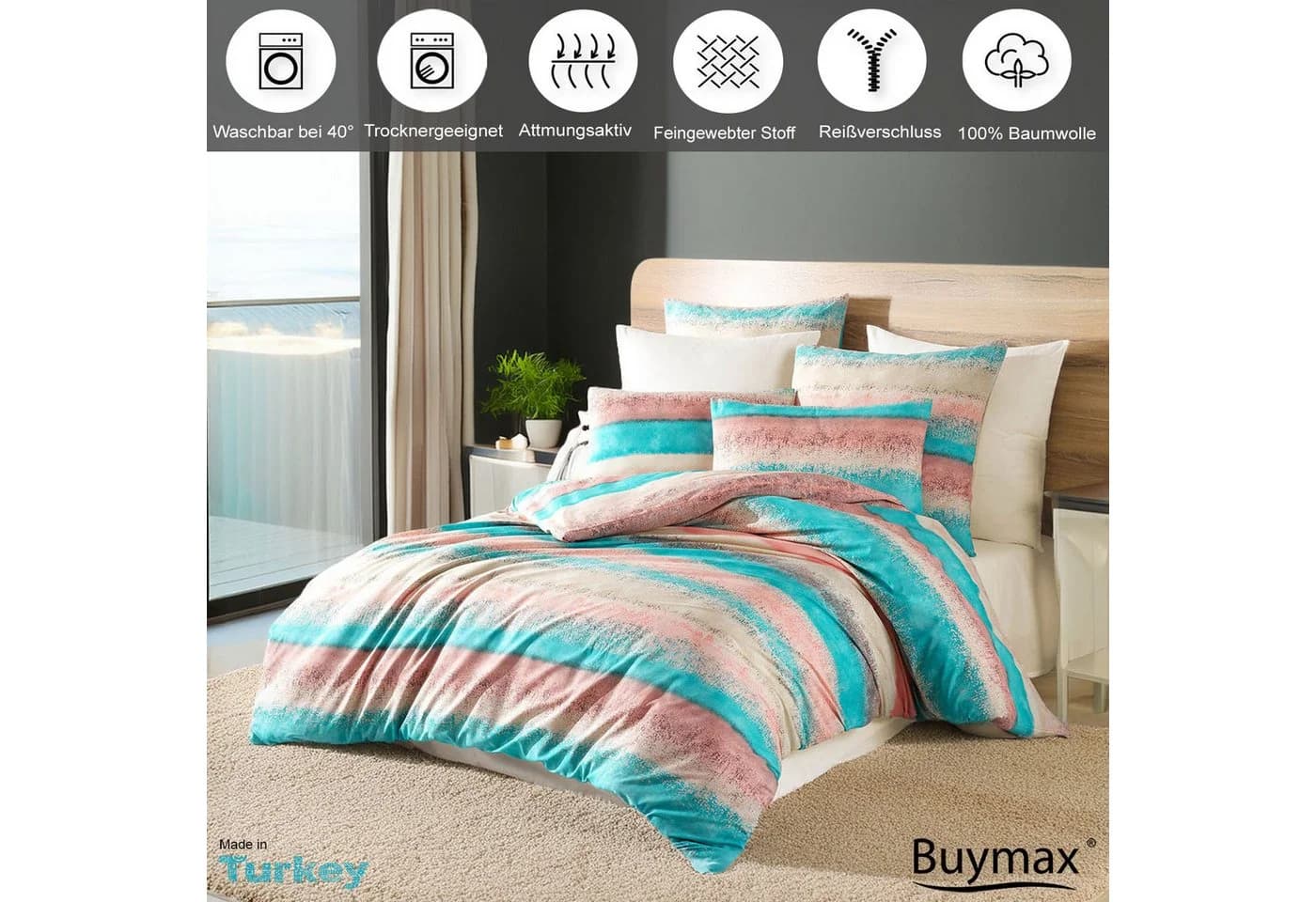 Buymax Bettwäsche Set Belissim 100% Baumwolle Renforcé Gestreift Rose-Türkis