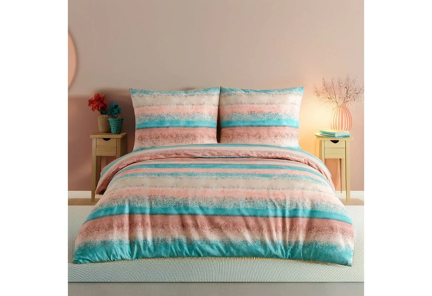Buymax Bettwäsche Set Belissim 100% Baumwolle Renforcé Gestreift Rose-Türkis - Bild 2