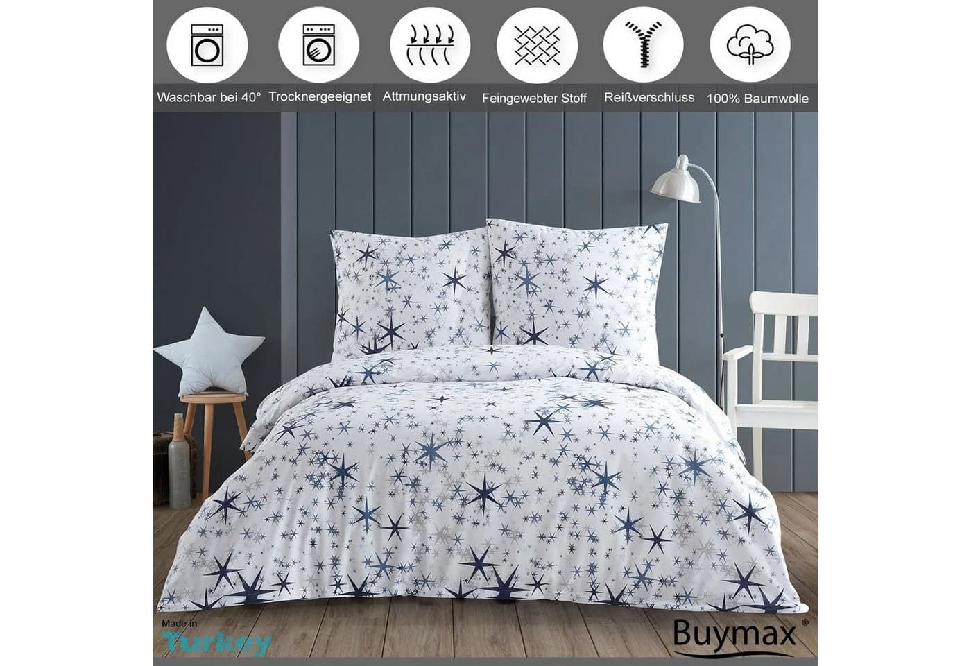 Buymax Bettwäsche Renforcé 3-teilig 200x220 cm Baumwolle Sterne Weiß
