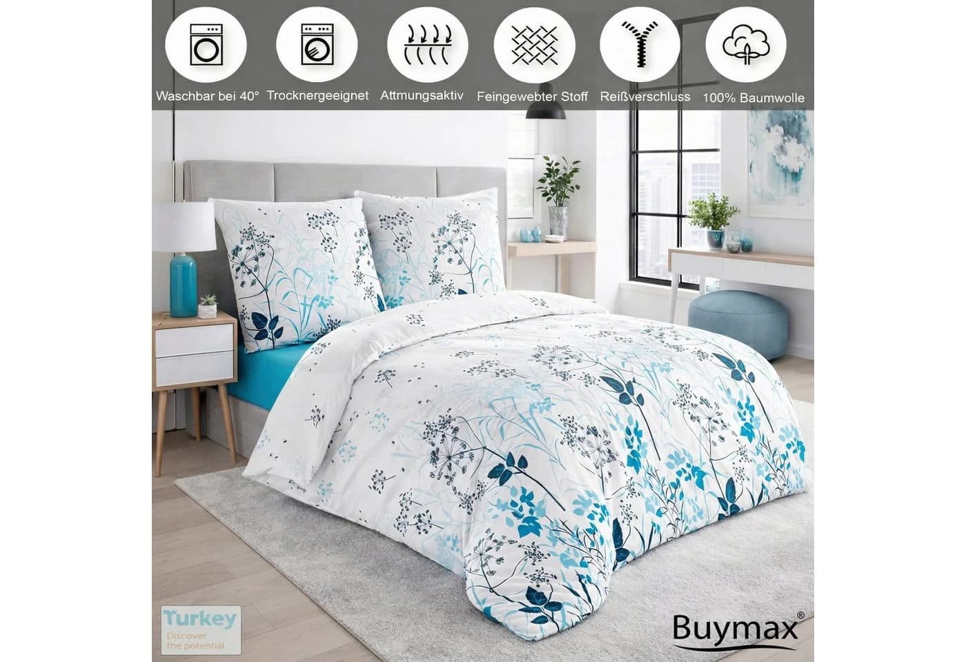 Buymax Bettwäsche Blue Garden 2-tlg. 100% Baumwolle Blumen Weiß Blau