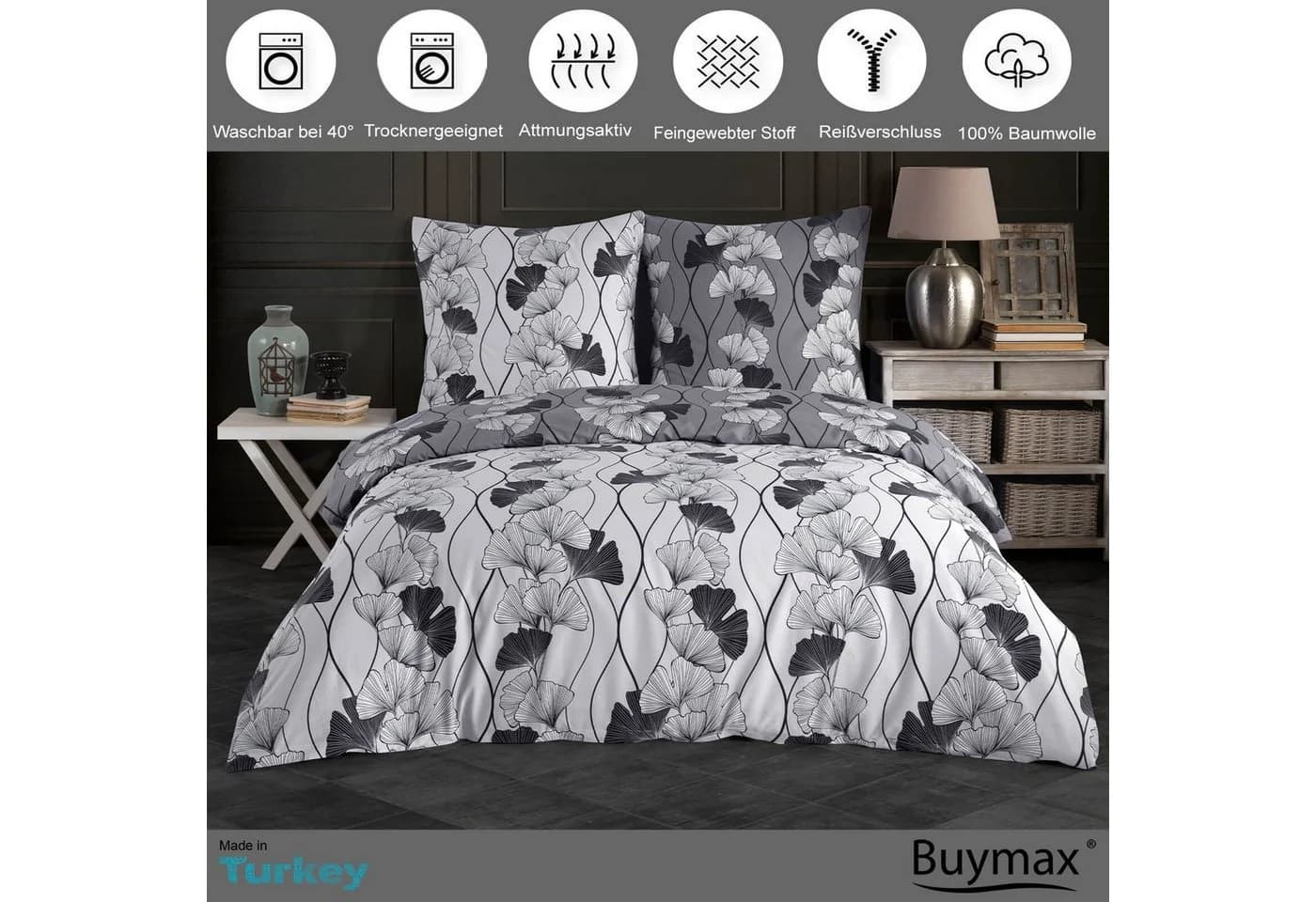 Buymax Bettwäsche Cornelia 3-tlg. 100% Baumwolle Grau Schwarz Blumen