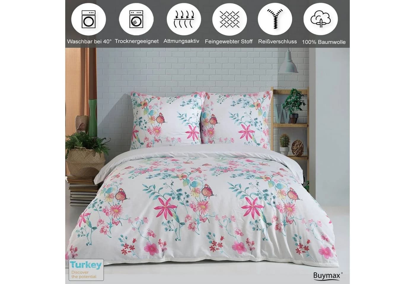 Buymax Bettwäsche Vilatis Renforce Baumwolle 2-teilig Bettbezug-Set 155x220 cm Reißverschluss Schmetterling Weiß Rosa