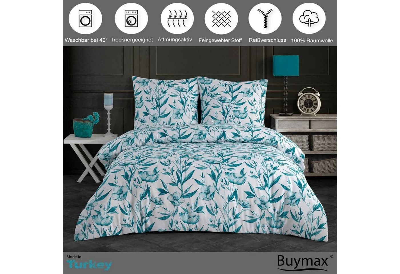 Buymax Bettwäsche Girasol 100% Baumwolle Renforcé 135x200 cm Blumen Grün Petrol