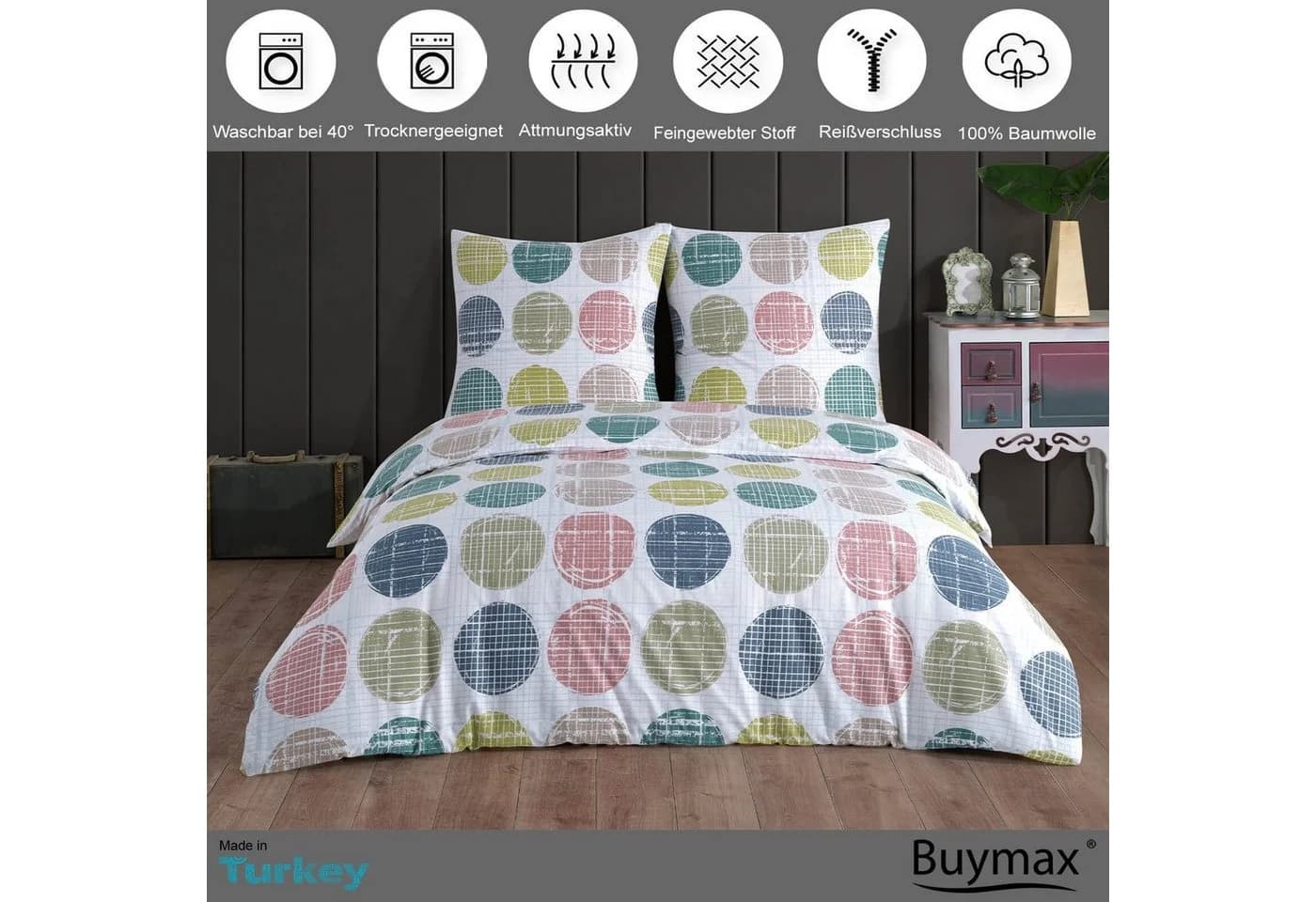 Buymax Bettwäsche Sueno 3-teilig 100% Baumwolle Renforcé Weiß Bunt