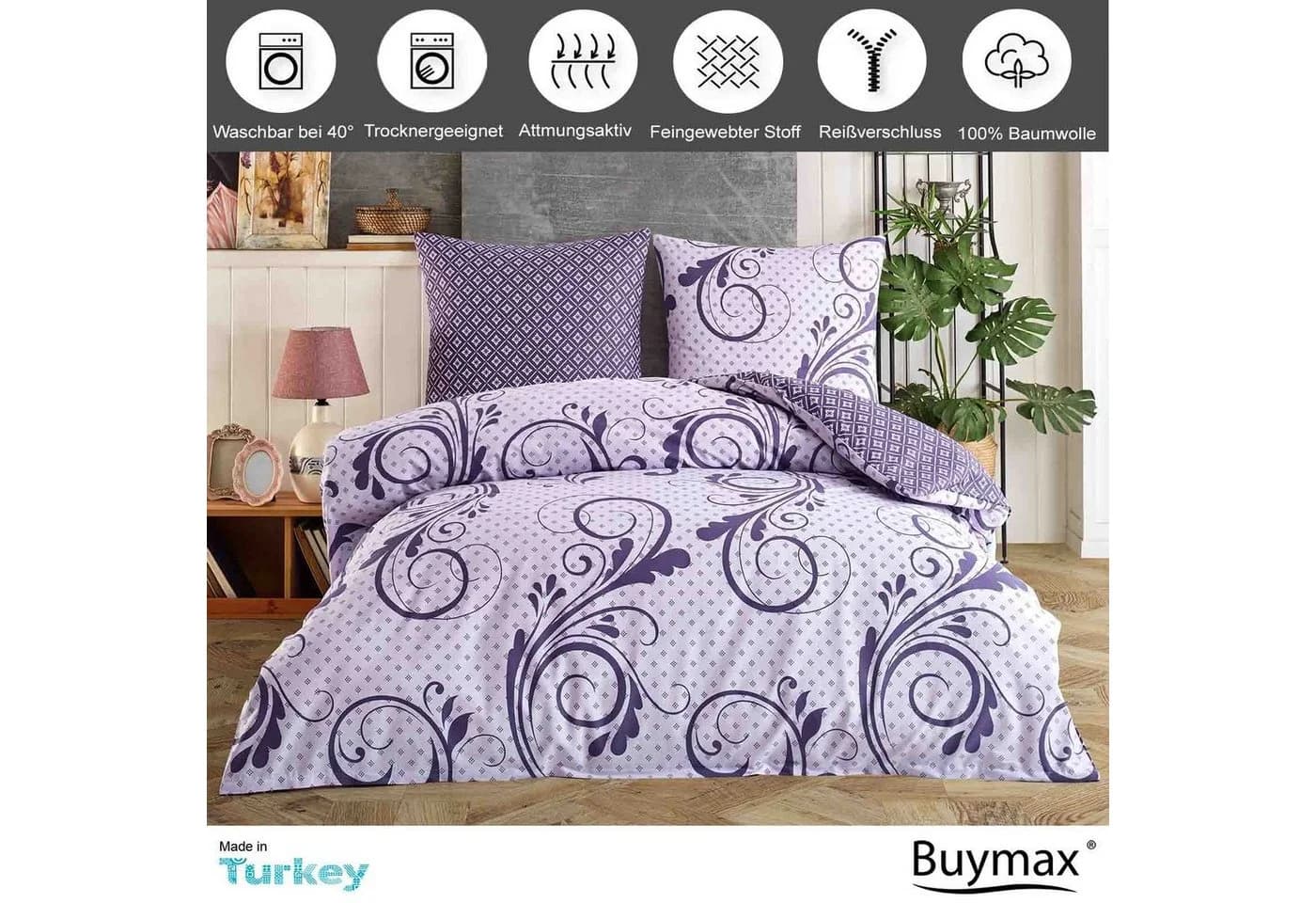 Buymax Wendebettwäsche 100% Baumwolle Renforcé Violett Lila Floral Barock