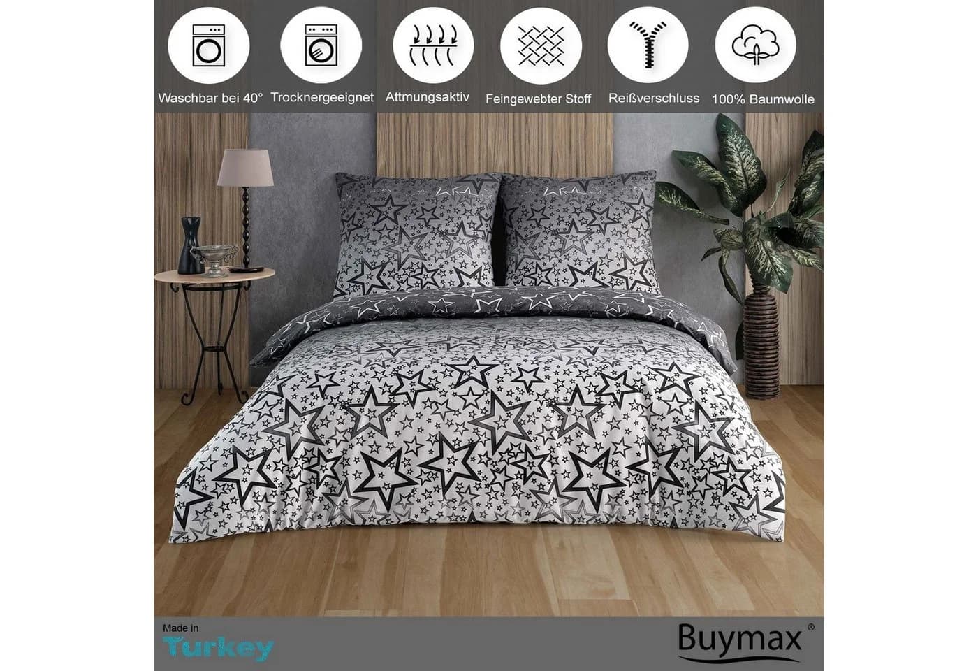 Buymax Bettwäsche Set 155x220 cm Baumwolle Sterne Weiß Grau