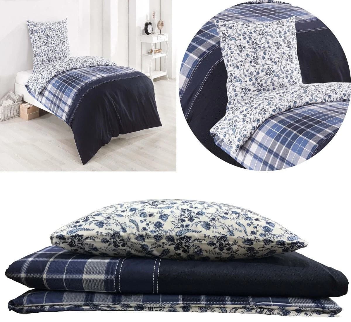 Buymax Wendebettwäsche 3-teilig Renforcé Baumwolle 200x220 cm Weiß Blau