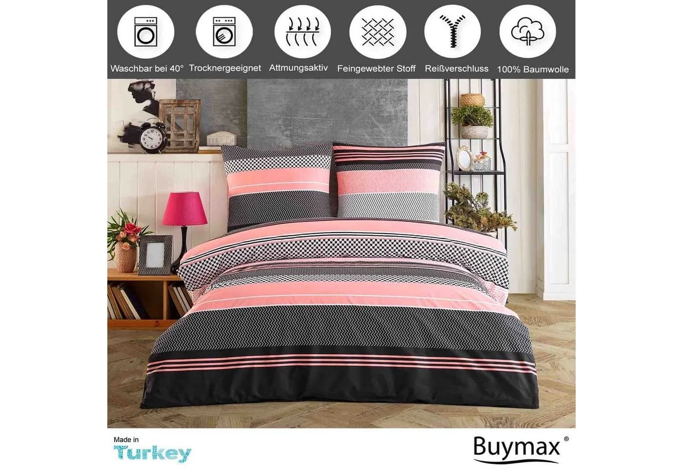 Buymax Bettwäsche Zigo 4-teilig Renforcé Baumwolle Streifen Rosa Schwarz