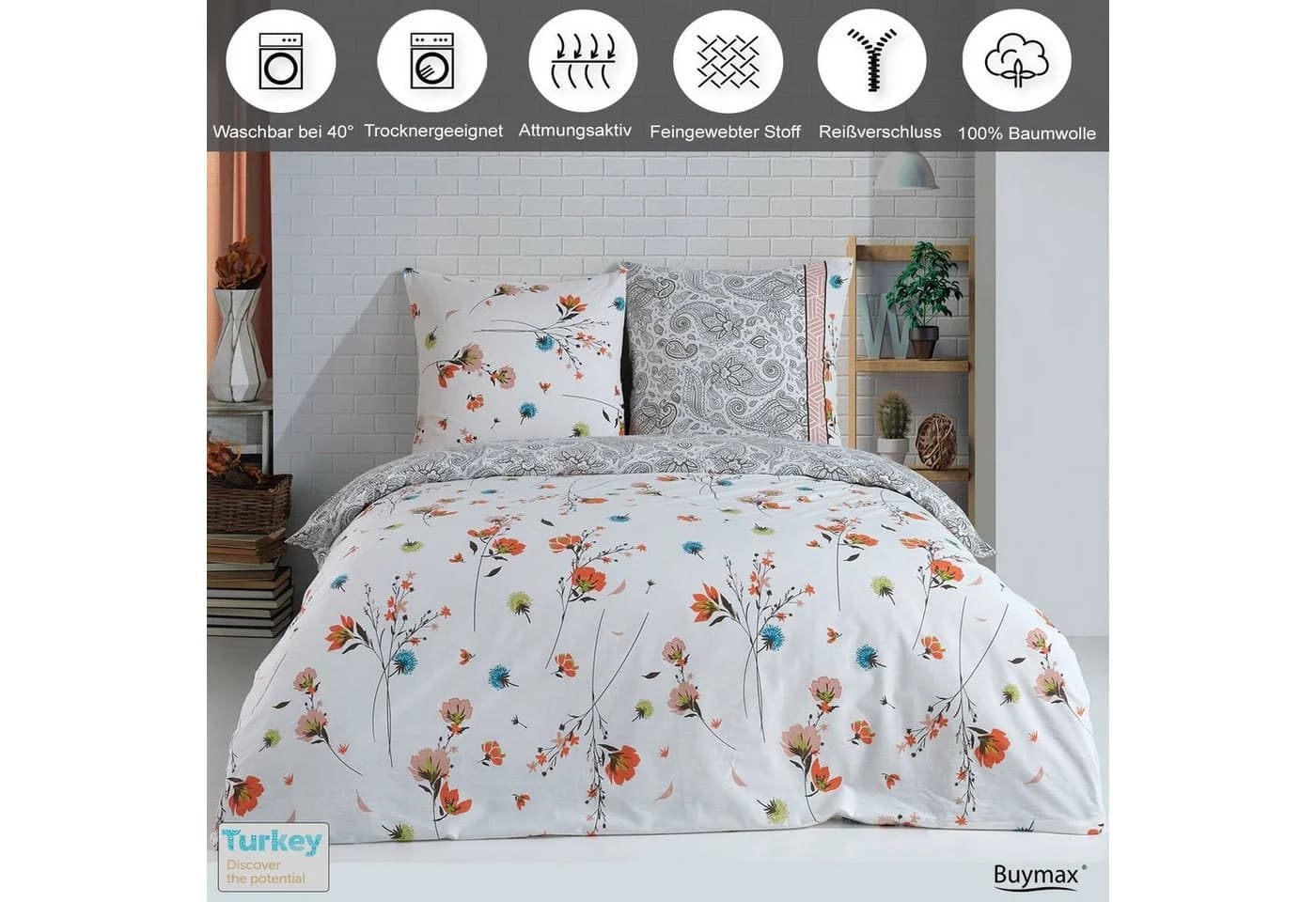 Buymax Bettwäsche Adalia 4-teilig 135x200 cm Baumwolle Blumen Weiß