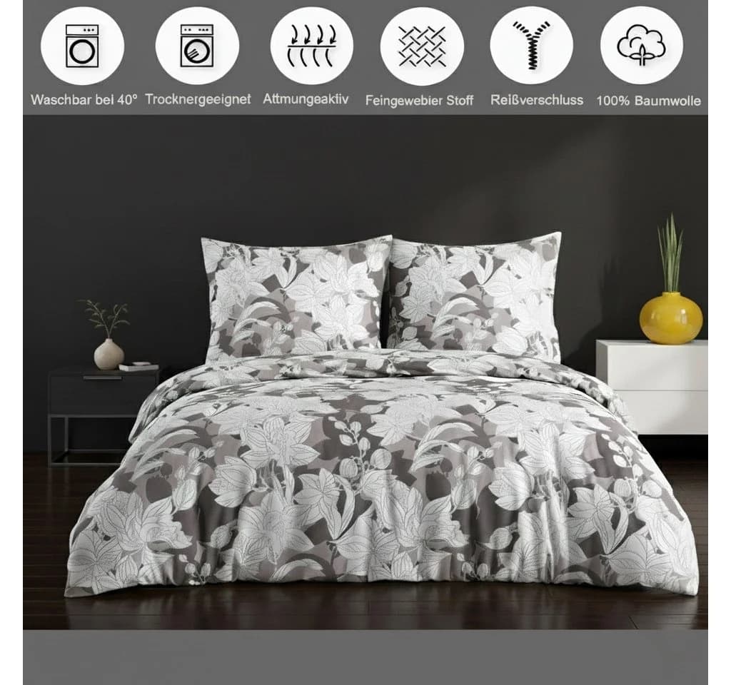 Buymax Bettwäsche Clisse 100% Baumwolle 3-teilig 200x220 cm mit Reißverschluss Blumen Grau Weiß