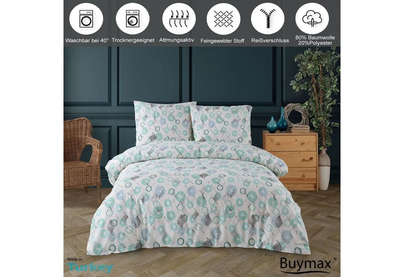 Buymax Bettwäsche Ariadne 3-teilig Weiß-Blau 200x200 cm Baumwolle-Polyester Mix