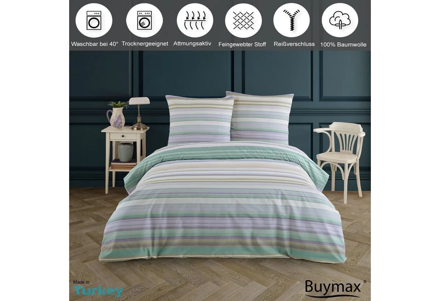 Buymax Bettwäsche Renforcé 2-tlg. 100% Baumwolle Mint-Flieder-Beige - Bild 3