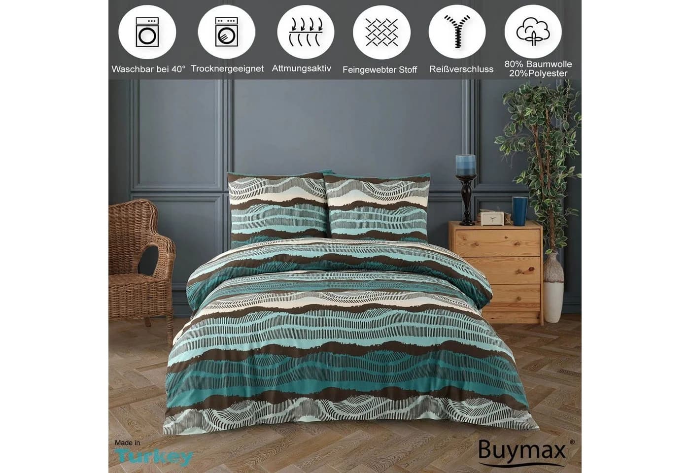 Buymax Bettwäsche Set Dolce Center 155x220 cm Türkis-Schwarz Gestreift