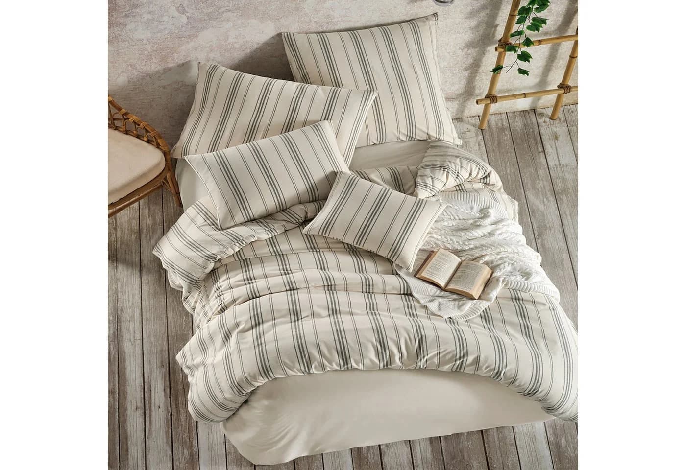 Buymax Bettwäsche Luxury Natur 100% Baumwolle Weiß-Grün Yarn Dyed