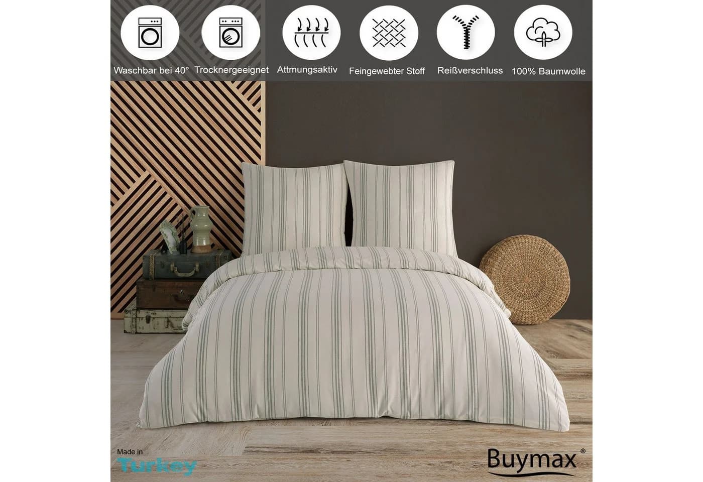 Buymax Bettwäsche Luxury Natur 100% Baumwolle Weiß-Grün Yarn Dyed - Bild 3