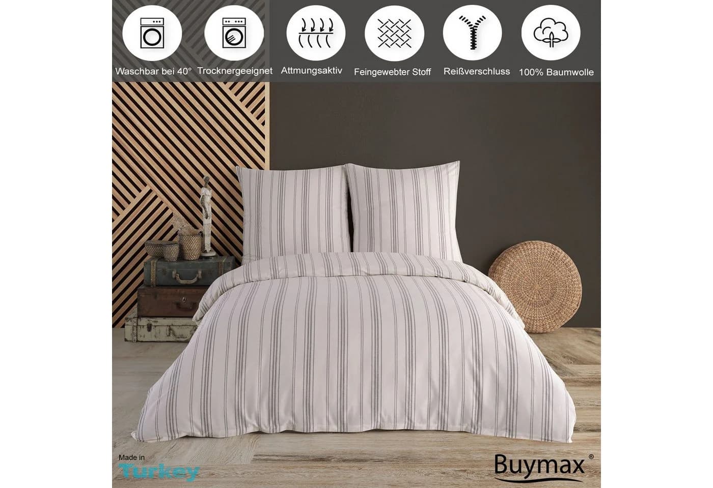 Buymax Bettwäsche Luxury Natur 100% Baumwolle Weiß-Grau Yarn Dyed - Bild 3
