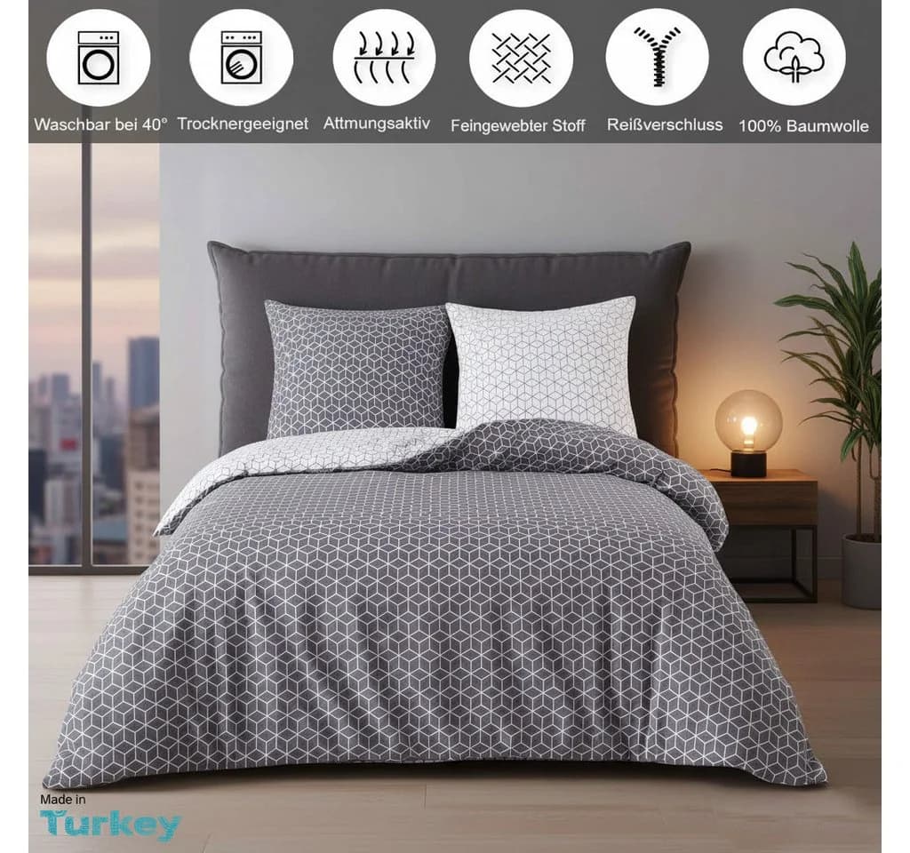 Buymax Bettwäsche Set Sillage 100% Baumwolle Grau/Weiß Modern Gestreift