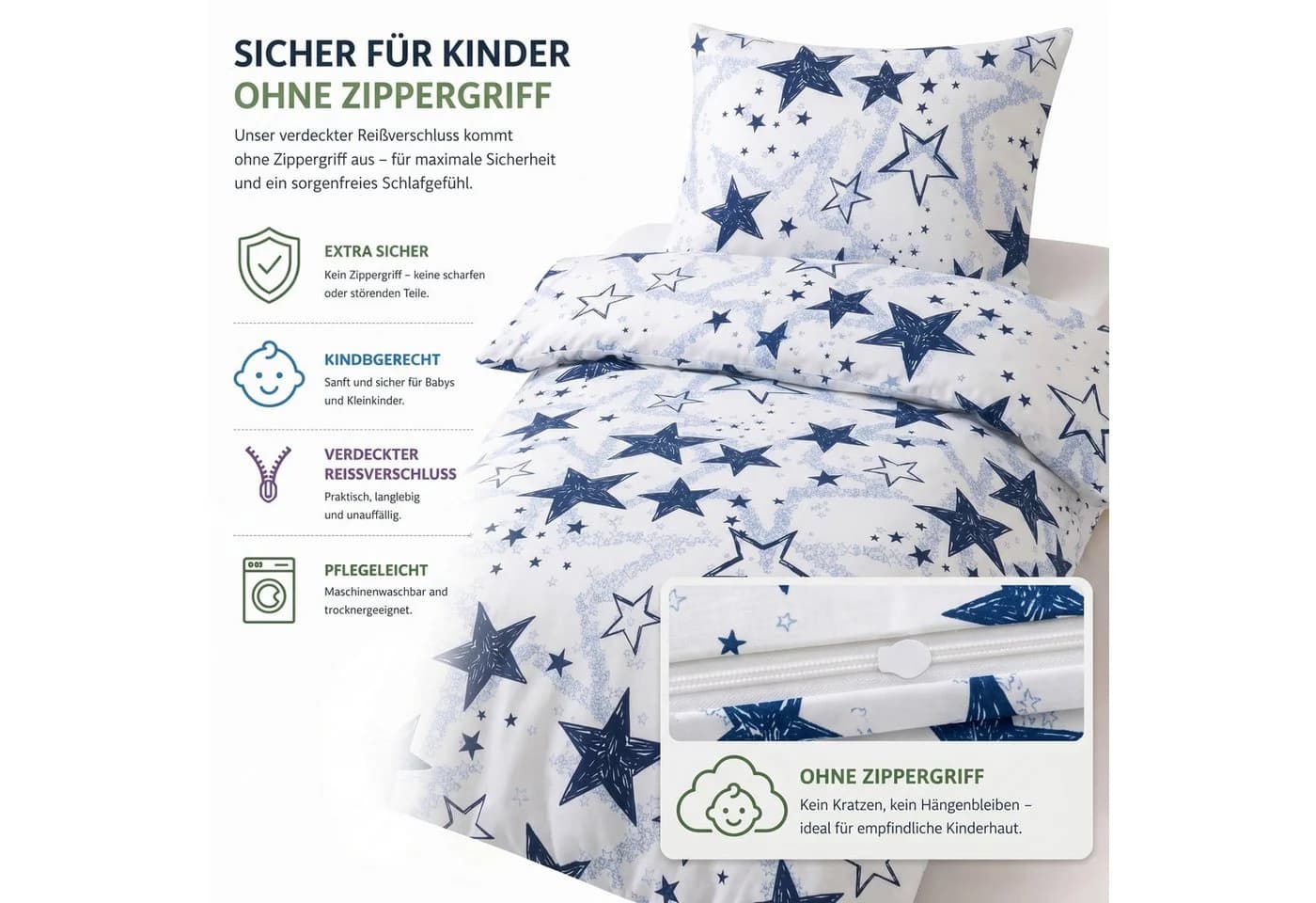 Buymax Kinderbettwäsche Etoiles Sterne 100% Baumwolle Weiß-Dunkelblau - Bild 3