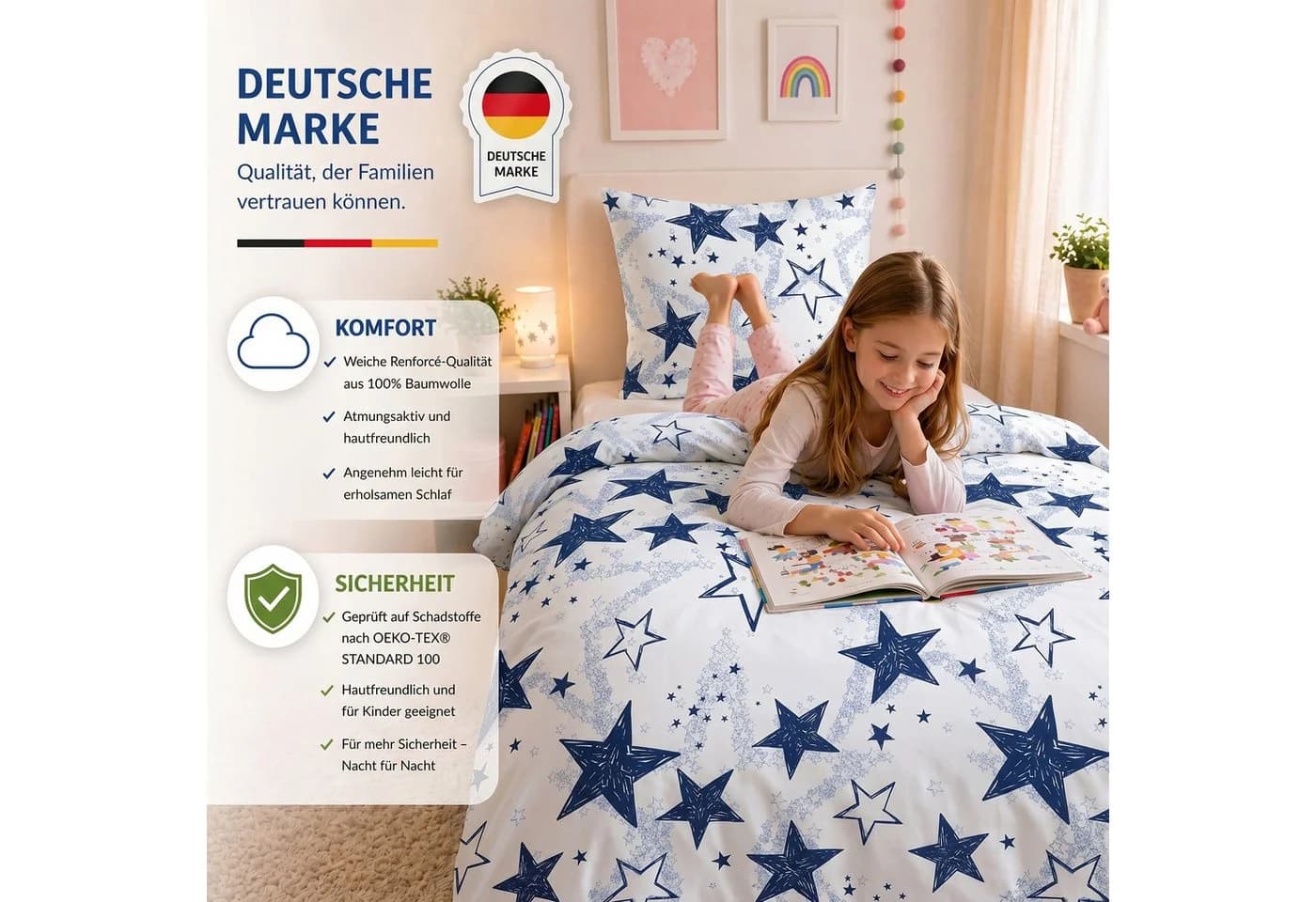 Buymax Kinderbettwäsche Etoiles Sterne 100% Baumwolle Weiß-Dunkelblau - Bild 4