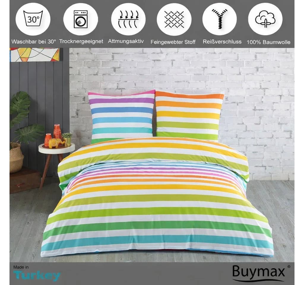 Buymax Bettwäsche Regenbogen 100% Baumwolle Biber 2-teilig 155x220 cm Flanell