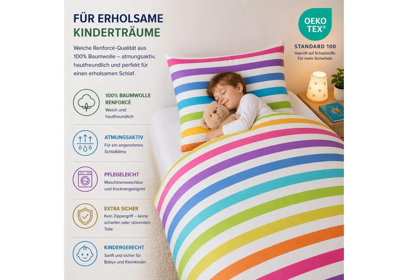Buymax Kinderbettwäsche Rainbow Kids 2-teilig 100% Baumwolle Reißverschluss