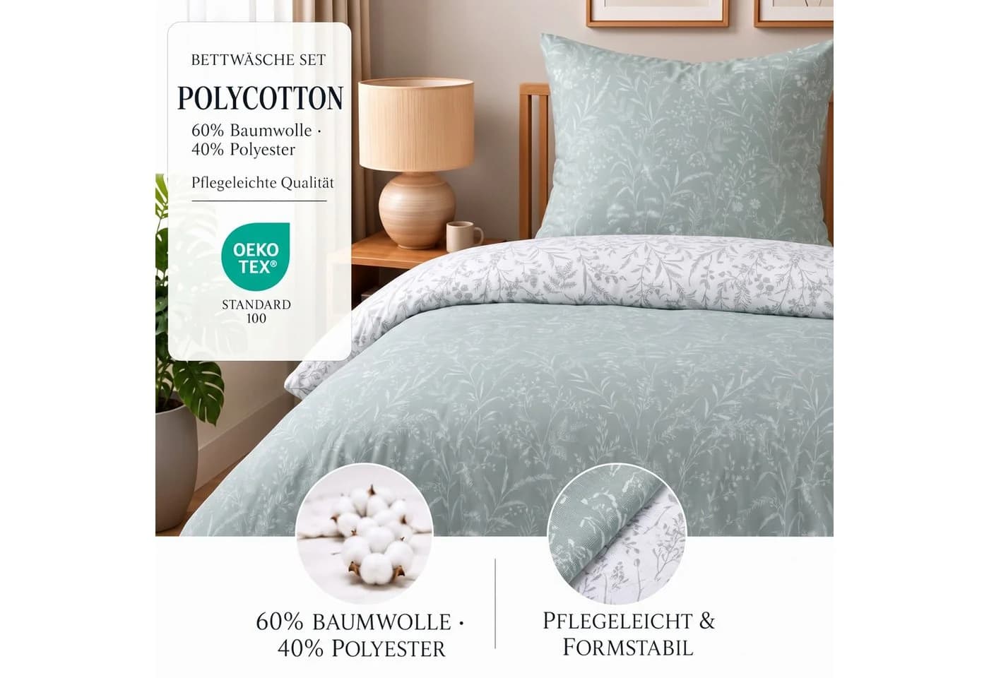 Buymax Wendebettwäsche Blossom Polycotton 3-teilig grün