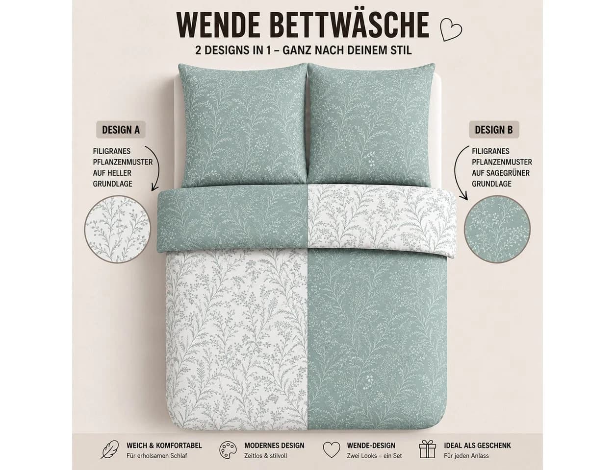 Buymax Wendebettwäsche Blossom Polycotton 3-teilig grün - Bild 3