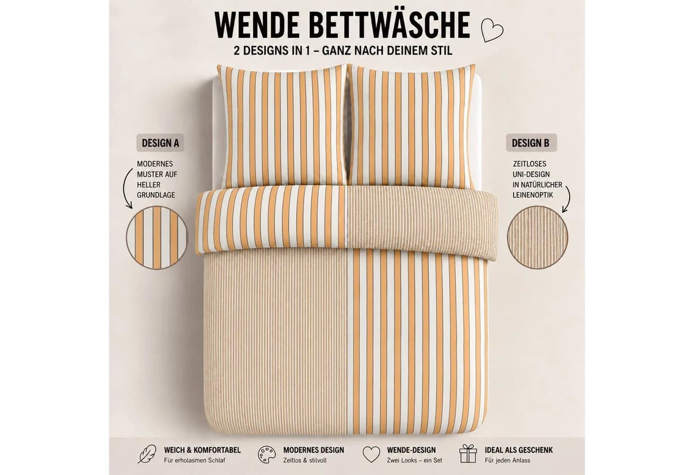 Buymax Bettwäsche Piano Wendebettwäsche 3-teilig Orange Polycotton - Bild 3