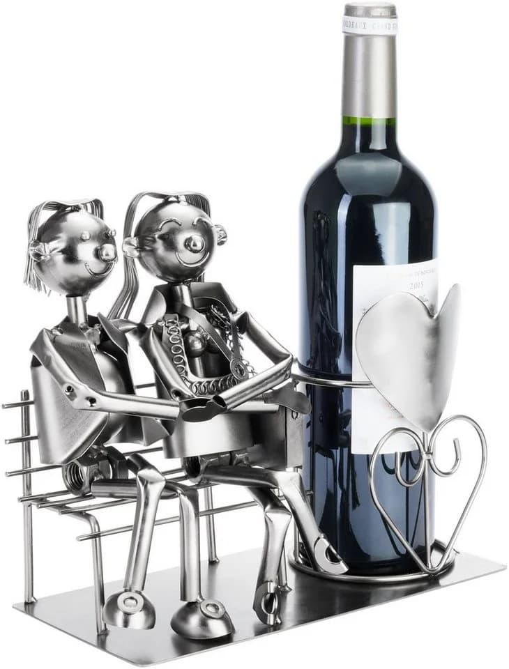 BRUBAKER Weinflaschenhalter Liebespaar auf Bank Metall Skulptur Silber - Bild 3