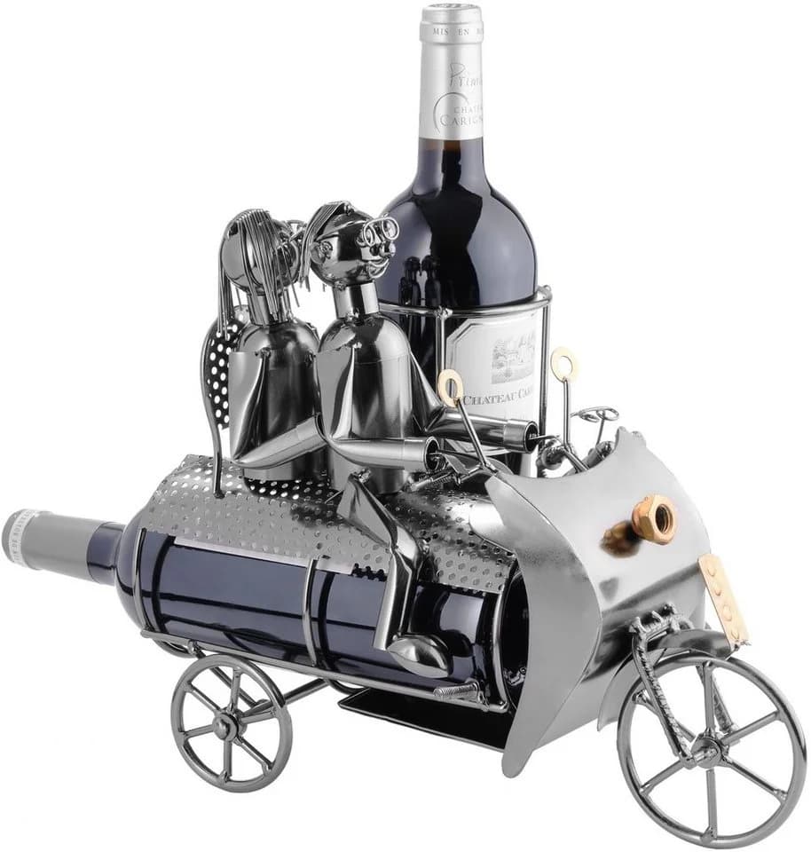 BRUBAKER Weinflaschenhalter Motorrad Paar mit Beiwagen Metall Skulptur Silber