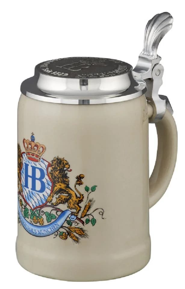 Hofbräuhaus München Bierkrug Steinkrug Löwendekor Grau