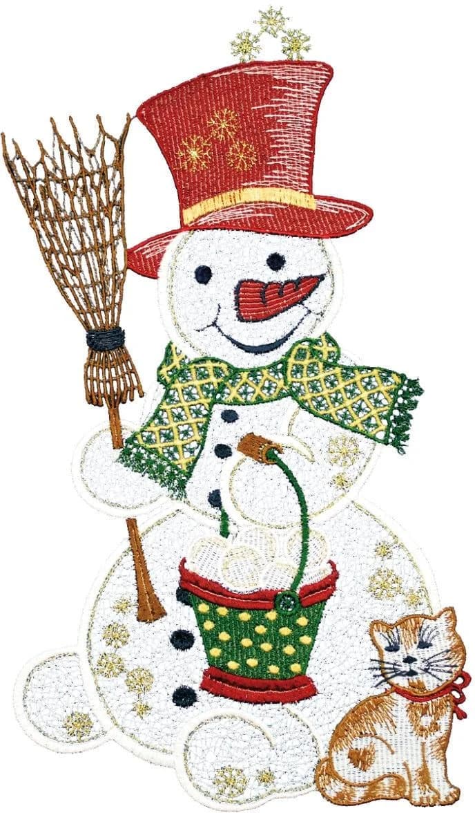 Fensterbild Schneemann mit Katze Ecru Gold Rot W. Reuter & Sohn - Plauener Spitze