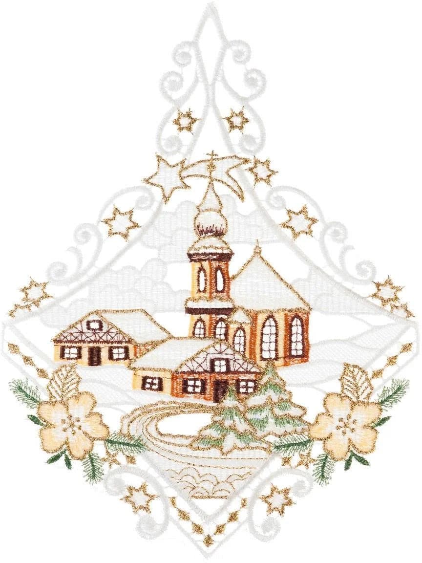 Fensterbild Kirche Braun Ecru Goldfarben W. REUTER & SOHN - PLAUENER SPITZE