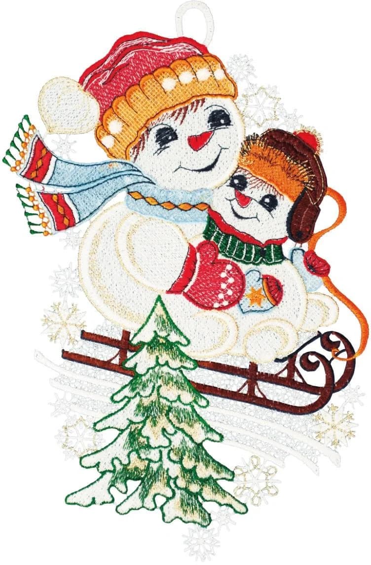 Fensterbild Schneemann mit Kind Bunt Ecru Goldfarben Polyester W. REUTER & SOHN