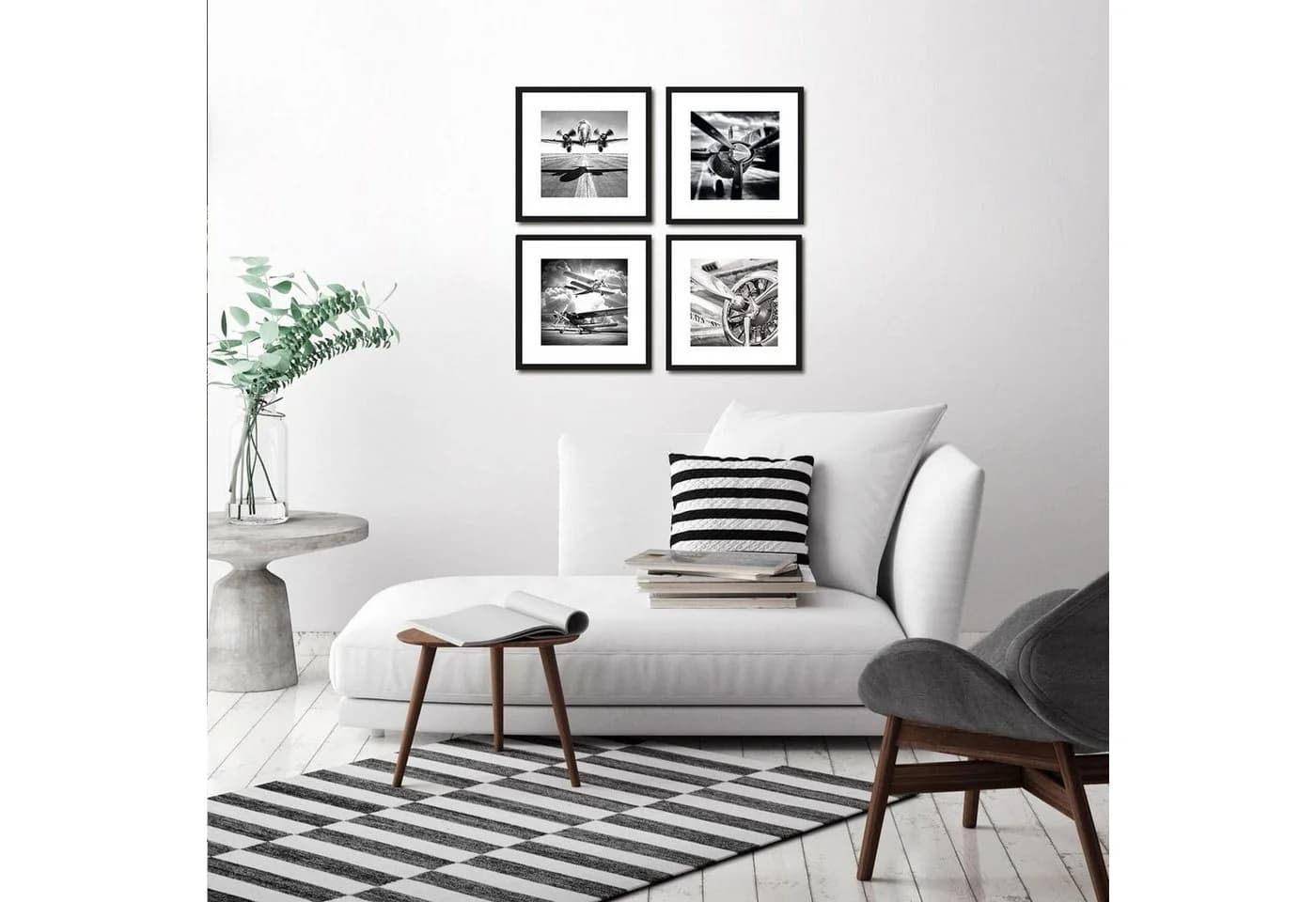 artissimo 4er Bilder-Set Schwarz-Weiß Flugzeuge mit Echtholzrahmen